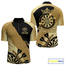Load image into Gallery viewer, Black and gold dartboard crown darts quarter zip shirt for men designed for league tournaments and team events.