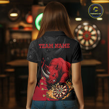 Load image into Gallery viewer, Back view of woman wearing a black and red funny rhino darts shirt.