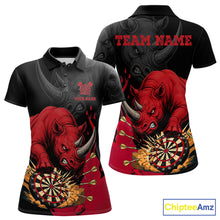 Load image into Gallery viewer, Black and red funny rhino darts polo shirt for women with custom darts team graphics.