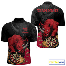 Load image into Gallery viewer, Black and red funny rhino darts quarter zip shirt for men designed for league tournaments and team events.