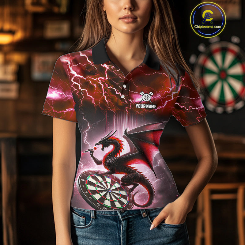 Custom Red Thunder Lightning Dragon Darts Shirt For Women, Darts League Jersey Polo & 1/4 Zip TDM4386