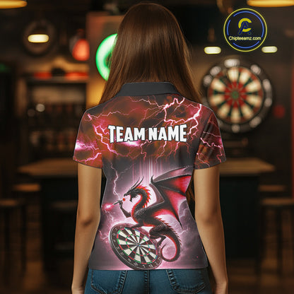 Custom Red Thunder Lightning Dragon Darts Shirt For Women, Darts League Jersey Polo & 1/4 Zip TDM4386
