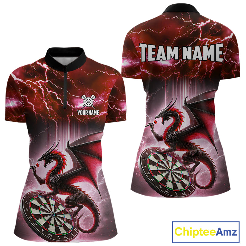 Custom Red Thunder Lightning Dragon Darts Shirt For Women, Darts League Jersey Polo & 1/4 Zip TDM4386