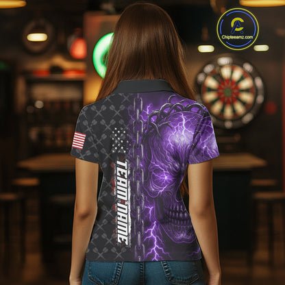 Personalized Purple Darts Skull Thunder Lightning Darts Shirt For Women, US Flag Darts Team Jersey TDM4614