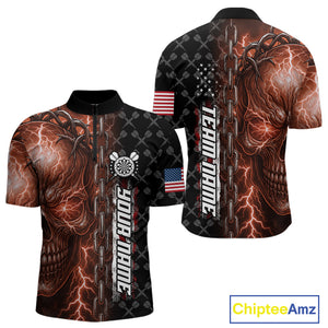 Personalized Orange Darts Skull Thunder Lightning Darts Shirt For Men, US Flag Darts Team Jersey TDM4615
