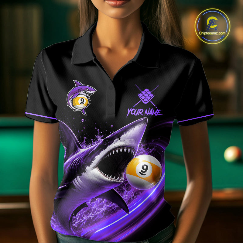 Black And Purple 9 Ball Shark Billiard League Shirts For Women Custom Pool Team Jersey Polo, 1/4 Zip TDM7298