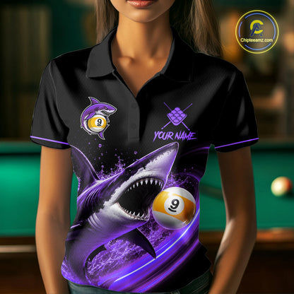 Black And Purple 9 Ball Shark Billiard League Shirts For Women Custom Pool Team Jersey Polo, 1/4 Zip TDM7298