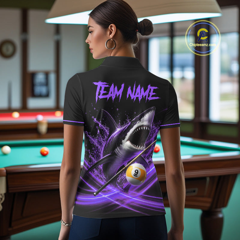 Black And Purple 9 Ball Shark Billiard League Shirts For Women Custom Pool Team Jersey Polo, 1/4 Zip TDM7298