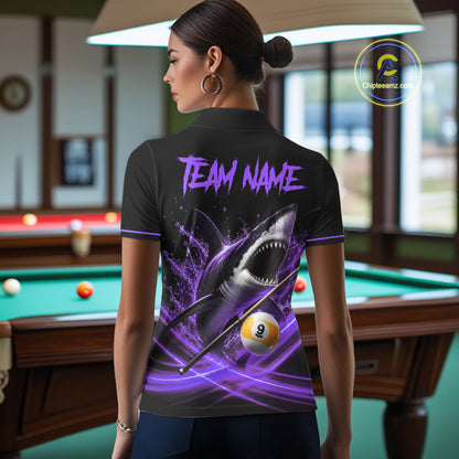 Black And Purple 9 Ball Shark Billiard League Shirts For Women Custom Pool Team Jersey Polo, 1/4 Zip TDM7298