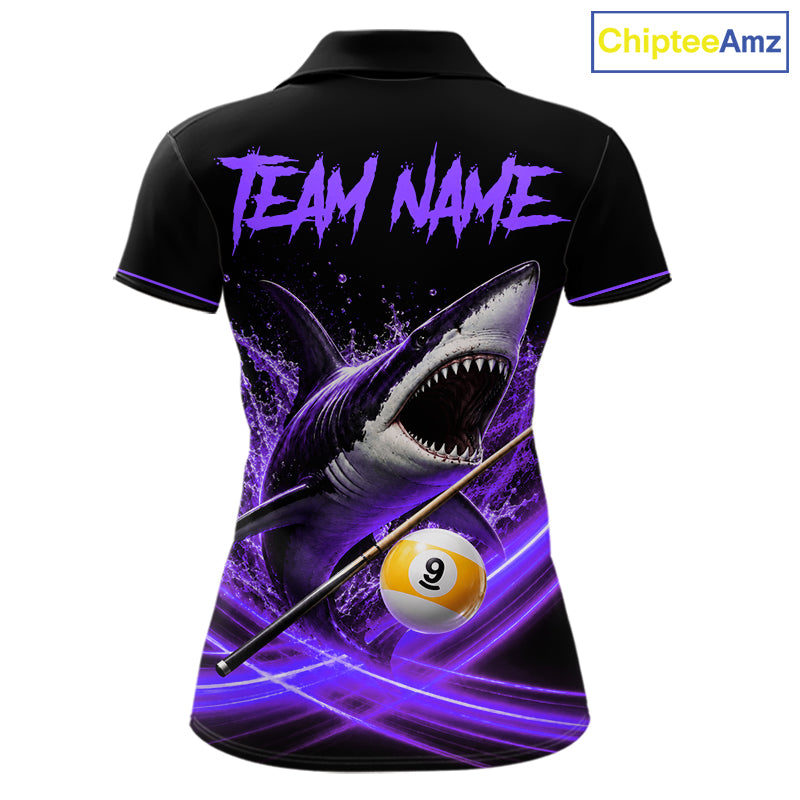 Black And Purple 9 Ball Shark Billiard League Shirts For Women Custom Pool Team Jersey Polo, 1/4 Zip TDM7298