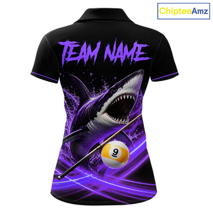 Black And Purple 9 Ball Shark Billiard League Shirts For Women Custom Pool Team Jersey Polo, 1/4 Zip TDM7298