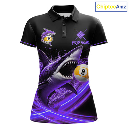 Black And Purple 9 Ball Shark Billiard League Shirts For Women Custom Pool Team Jersey Polo, 1/4 Zip TDM7298
