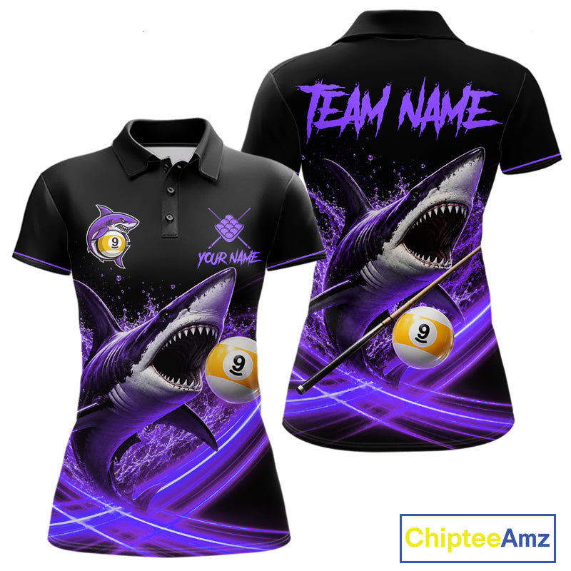 Black And Purple 9 Ball Shark Billiard League Shirts For Women Custom Pool Team Jersey Polo, 1/4 Zip TDM7298