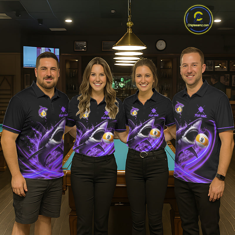 Black And Purple 9 Ball Shark Billiard League Shirts For Women Custom Pool Team Jersey Polo, 1/4 Zip TDM7298