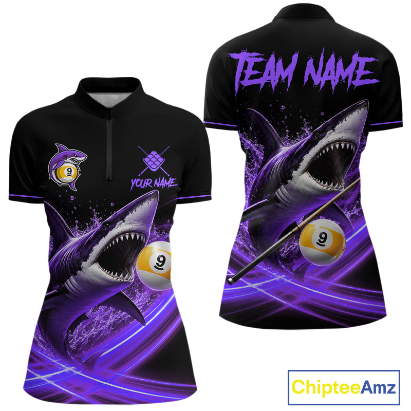 Black And Purple 9 Ball Shark Billiard League Shirts For Women Custom Pool Team Jersey Polo, 1/4 Zip TDM7298