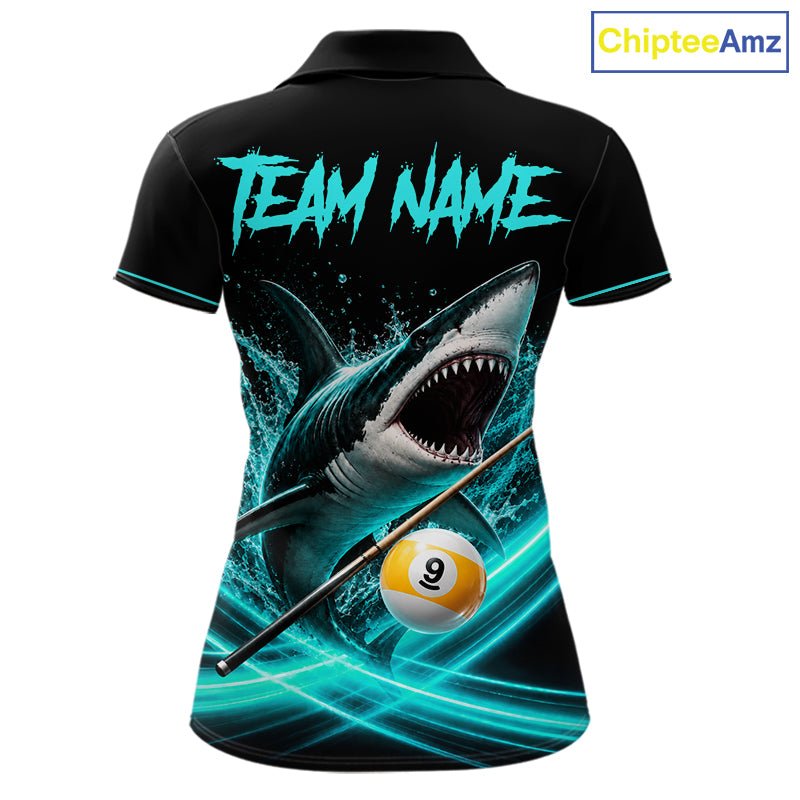 Black Turquoise 9 Ball Shark Billiard League Shirts For Women Custom Pool Team Jersey Polo, 1/4 Zip TDM7299