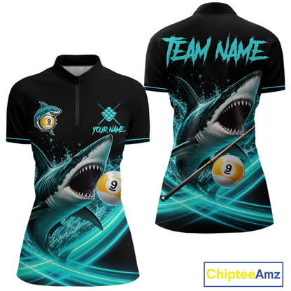 Black Turquoise 9 Ball Shark Billiard League Shirts For Women Custom Pool Team Jersey Polo, 1/4 Zip TDM7299