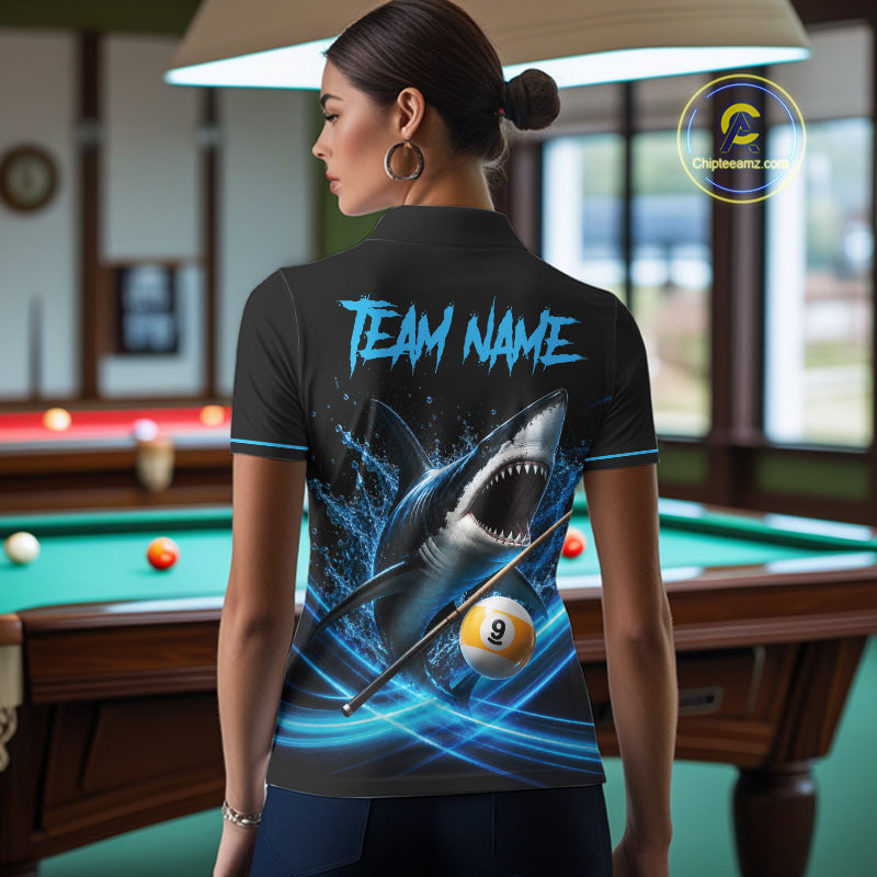 Black And Blue 8 Ball & 9 Ball Shark Billiard League Shirts For Women Custom Pool Team Jersey TDM7300