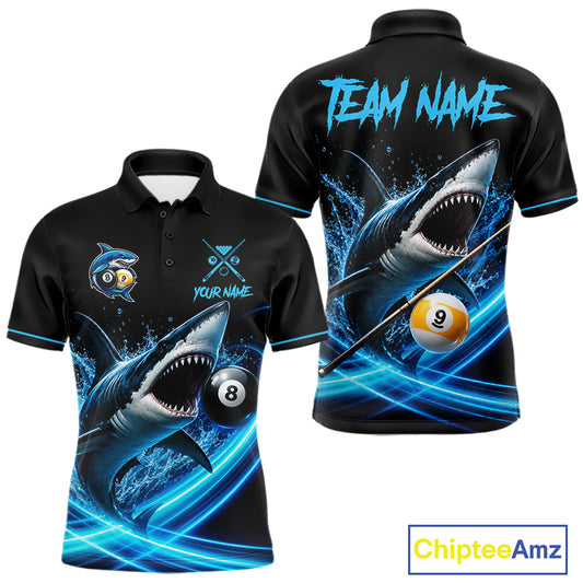 Black And Blue 8 Ball & 9 Ball Shark Billiard League Shirts For Men Custom Pool Team Jersey TDM7300