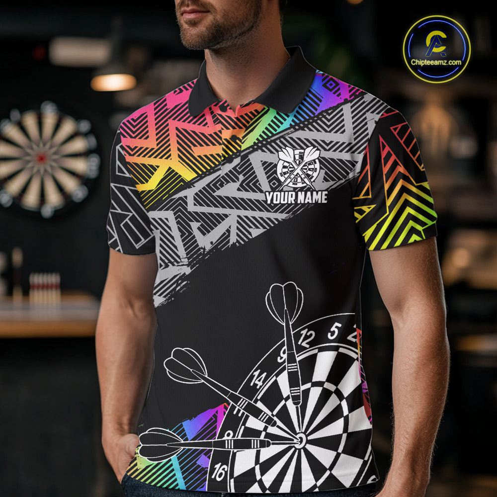Personalized Rainbow Zig-Zag Pattern Darts Shirts For Men Custom Darts Team Jersey Polo, 1/4 Zip TDM7283