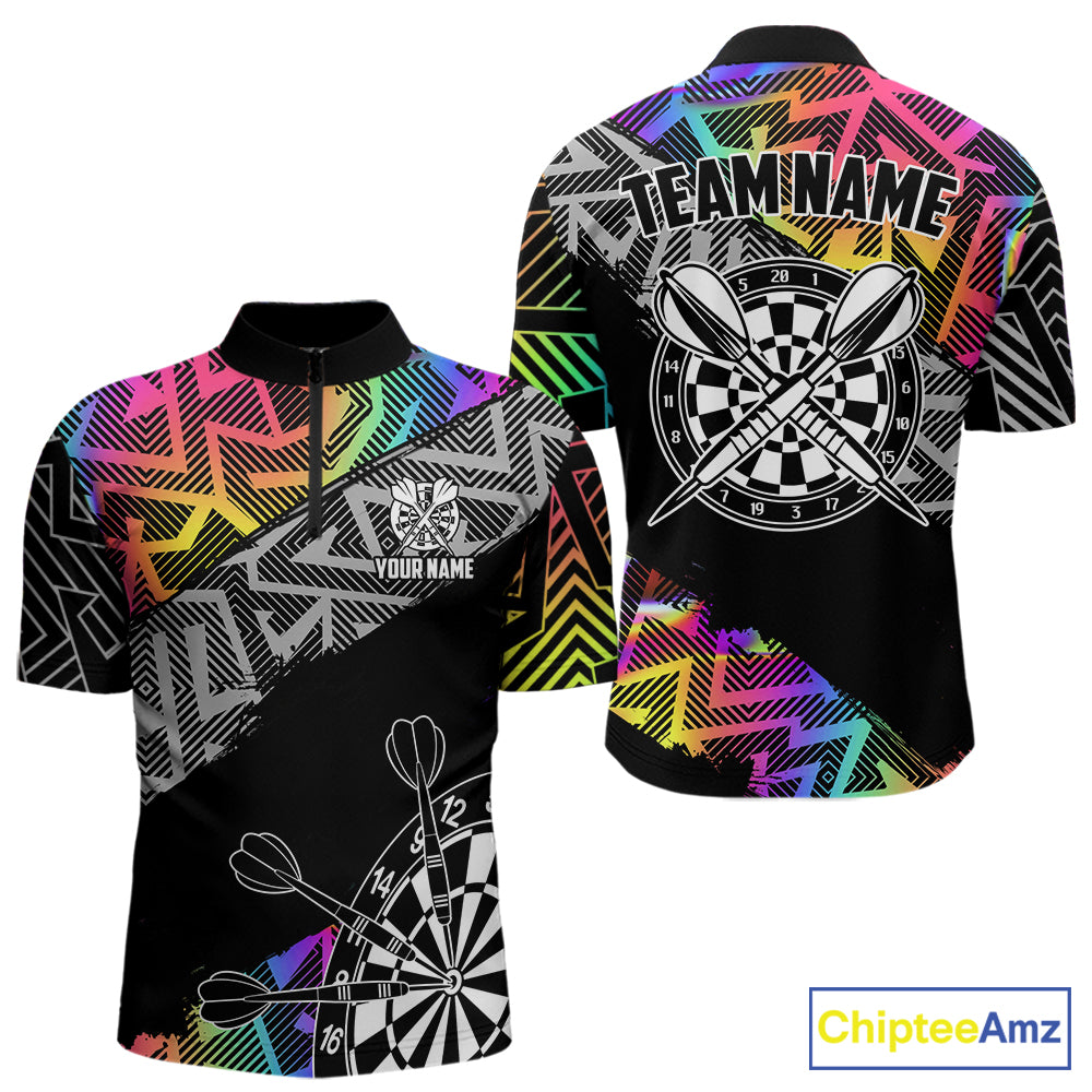 Personalized Rainbow Zig-Zag Pattern Darts Shirts For Men Custom Darts Team Jersey Polo, 1/4 Zip TDM7283