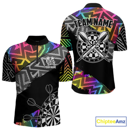 Personalized Rainbow Zig-Zag Pattern Darts Shirts For Men Custom Darts Team Jersey Polo, 1/4 Zip TDM7283