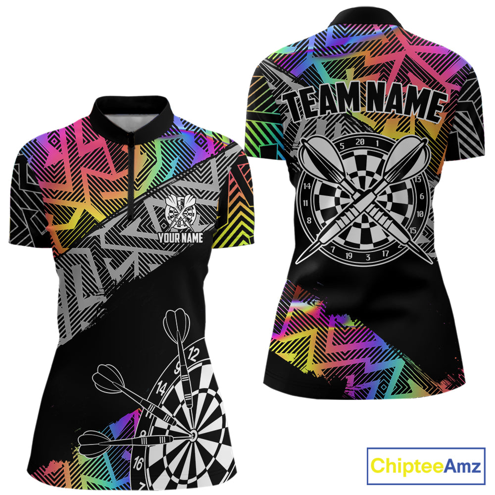 Personalized Rainbow Zig-Zag Pattern Darts Shirts For Women Custom Darts Team Jersey Polo, 1/4 Zip TDM7283