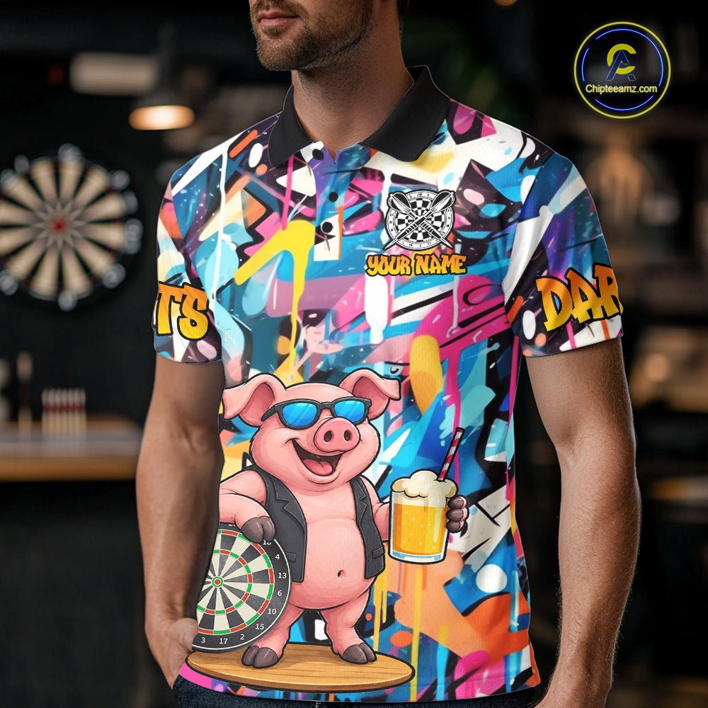 Funny Pig Colorful Graffiti Darts Shirt For Men Custom Darts Team Jersey Polo, Quarter Zip Shirt TDM7284