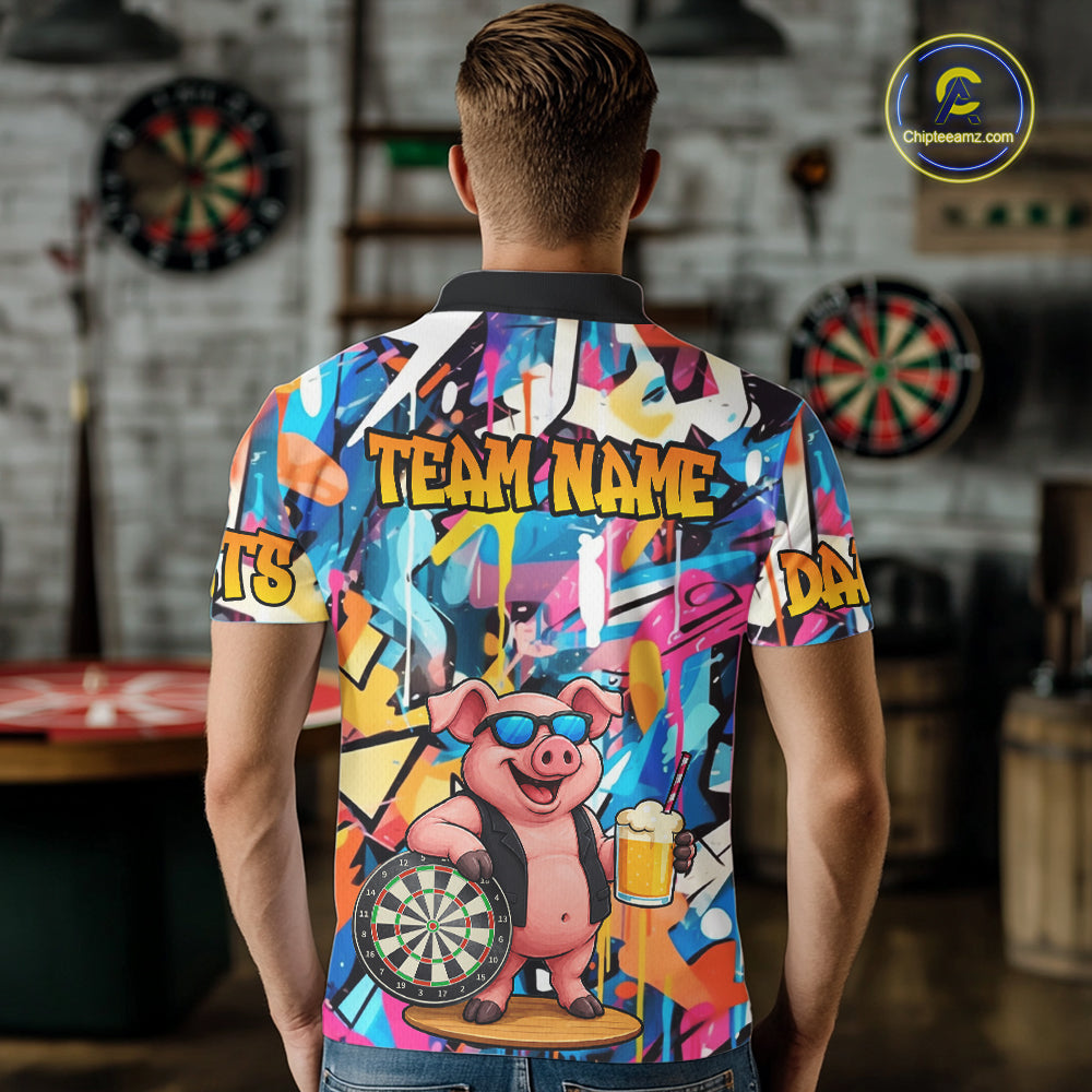 Funny Pig Colorful Graffiti Darts Shirt For Men Custom Darts Team Jersey Polo, Quarter Zip Shirt TDM7284