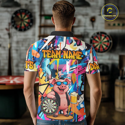 Funny Pig Colorful Graffiti Darts Shirt For Men Custom Darts Team Jersey Polo, Quarter Zip Shirt TDM7284