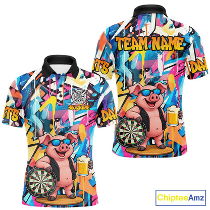 Funny Pig Colorful Graffiti Darts Shirt For Men Custom Darts Team Jersey Polo, Quarter Zip Shirt TDM7284
