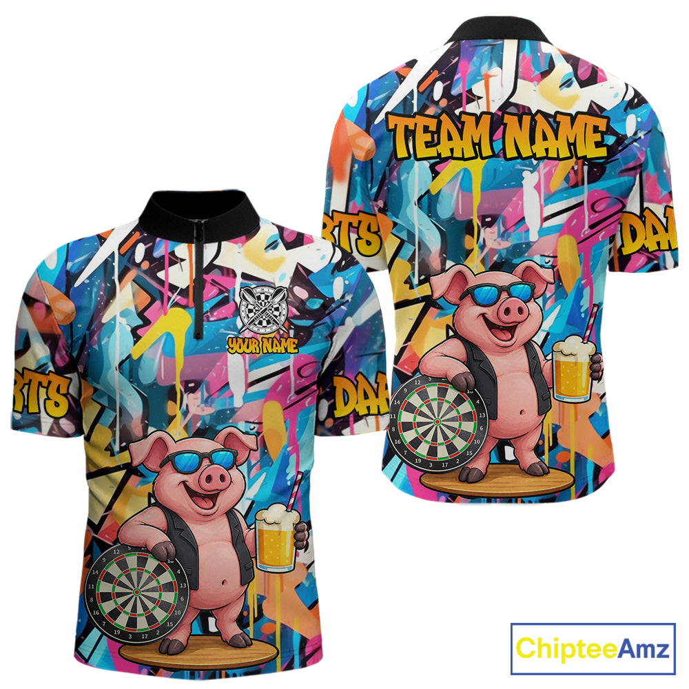 Funny Pig Colorful Graffiti Darts Shirt For Men Custom Darts Team Jersey Polo, Quarter Zip Shirt TDM7284