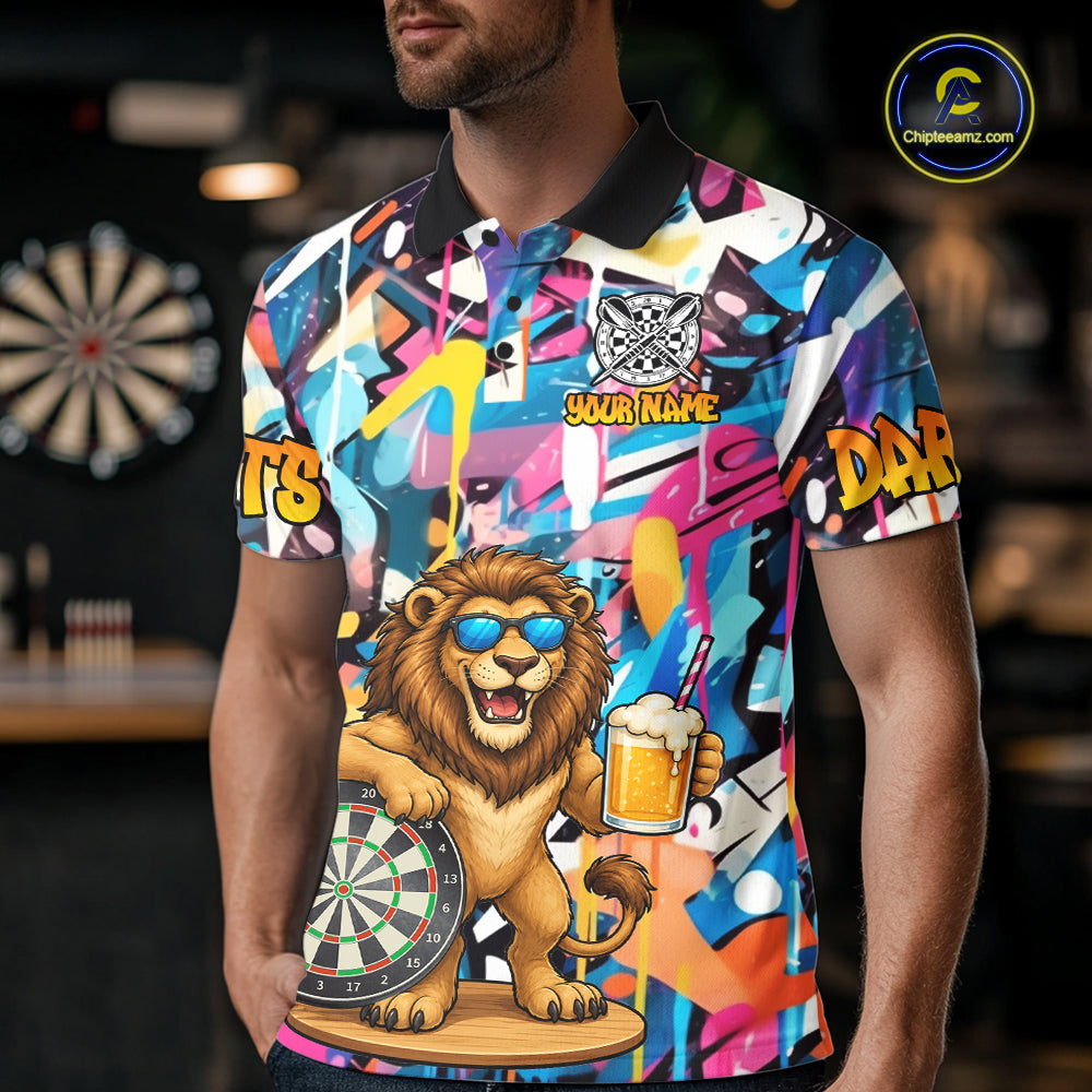 Funny Lion Colorful Graffiti Darts Shirt For Men Custom Darts Team Jersey Polo, Quarter Zip Shirt TDM7285