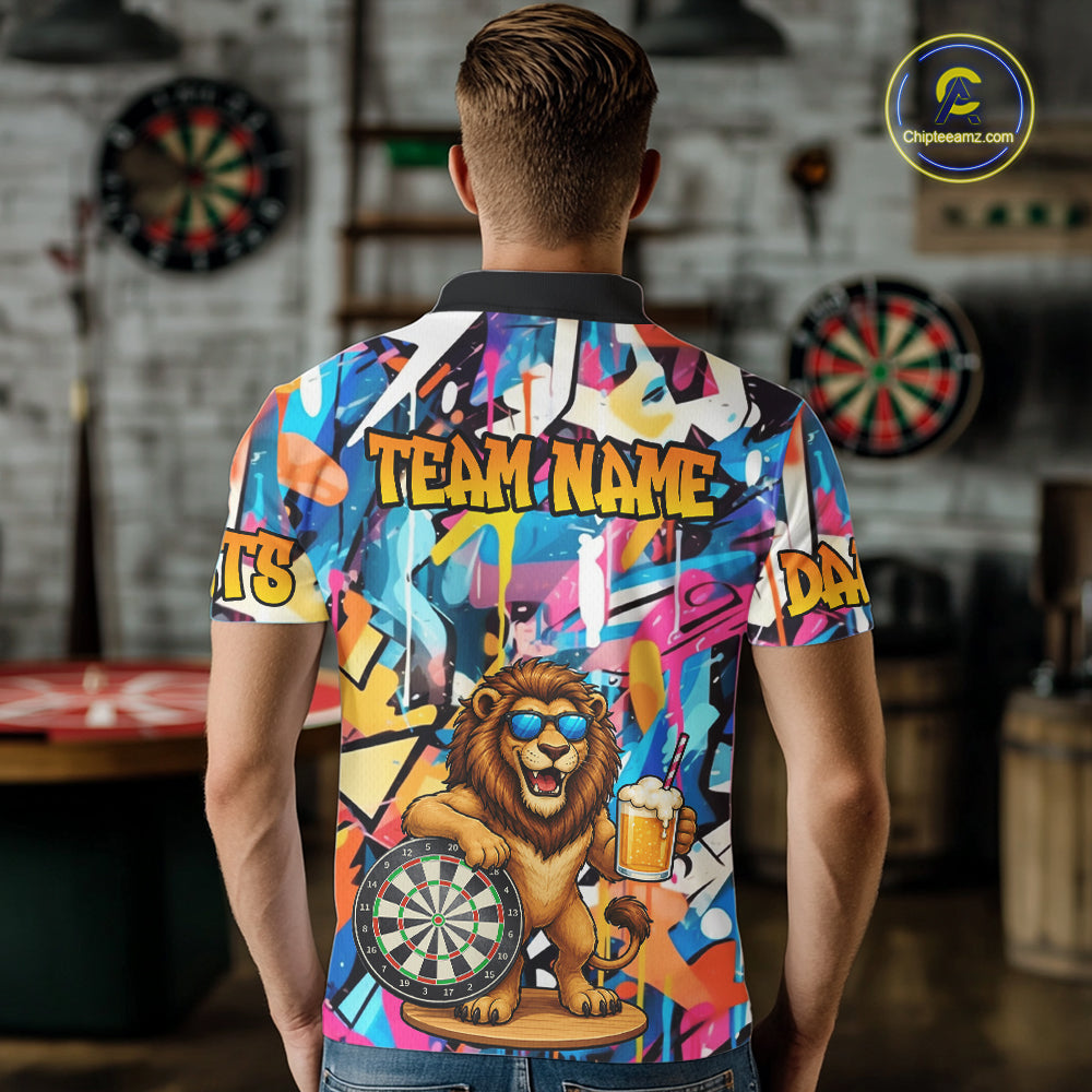 Funny Lion Colorful Graffiti Darts Shirt For Men Custom Darts Team Jersey Polo, Quarter Zip Shirt TDM7285