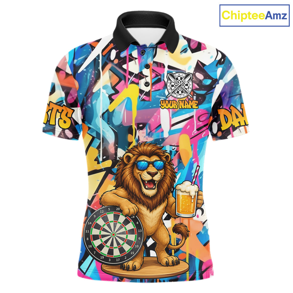 Funny Lion Colorful Graffiti Darts Shirt For Men Custom Darts Team Jersey Polo, Quarter Zip Shirt TDM7285