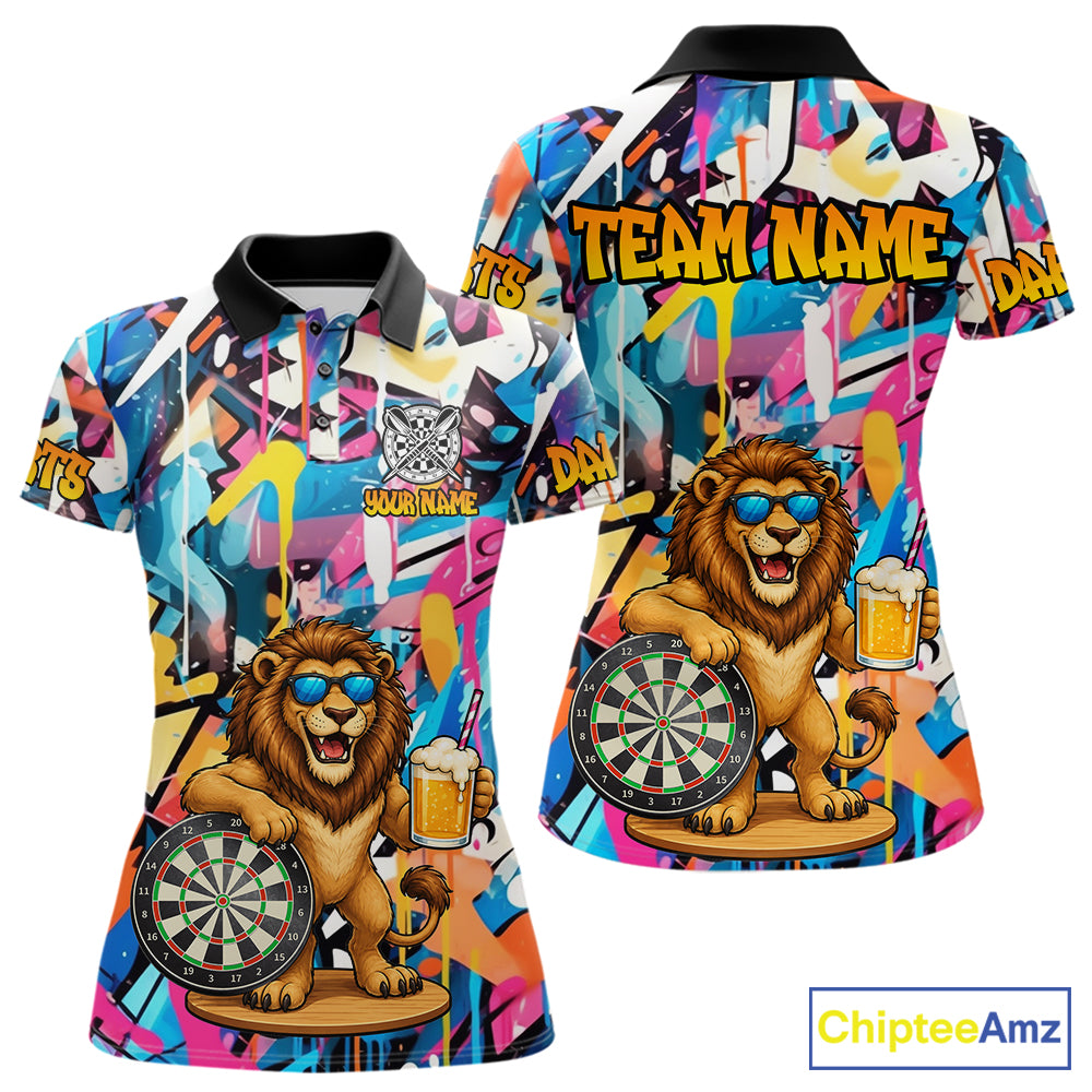 Funny Lion Colorful Graffiti Darts Shirt For Women Custom Darts Team Jersey Polo, Quarter Zip Shirt TDM7285