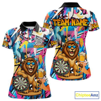 Funny Lion Colorful Graffiti Darts Shirt For Women Custom Darts Team Jersey Polo, Quarter Zip Shirt TDM7285
