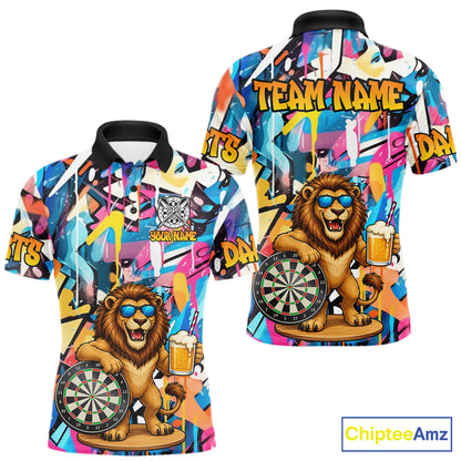 Funny Lion Colorful Graffiti Darts Shirt For Men Custom Darts Team Jersey Polo, Quarter Zip Shirt TDM7285