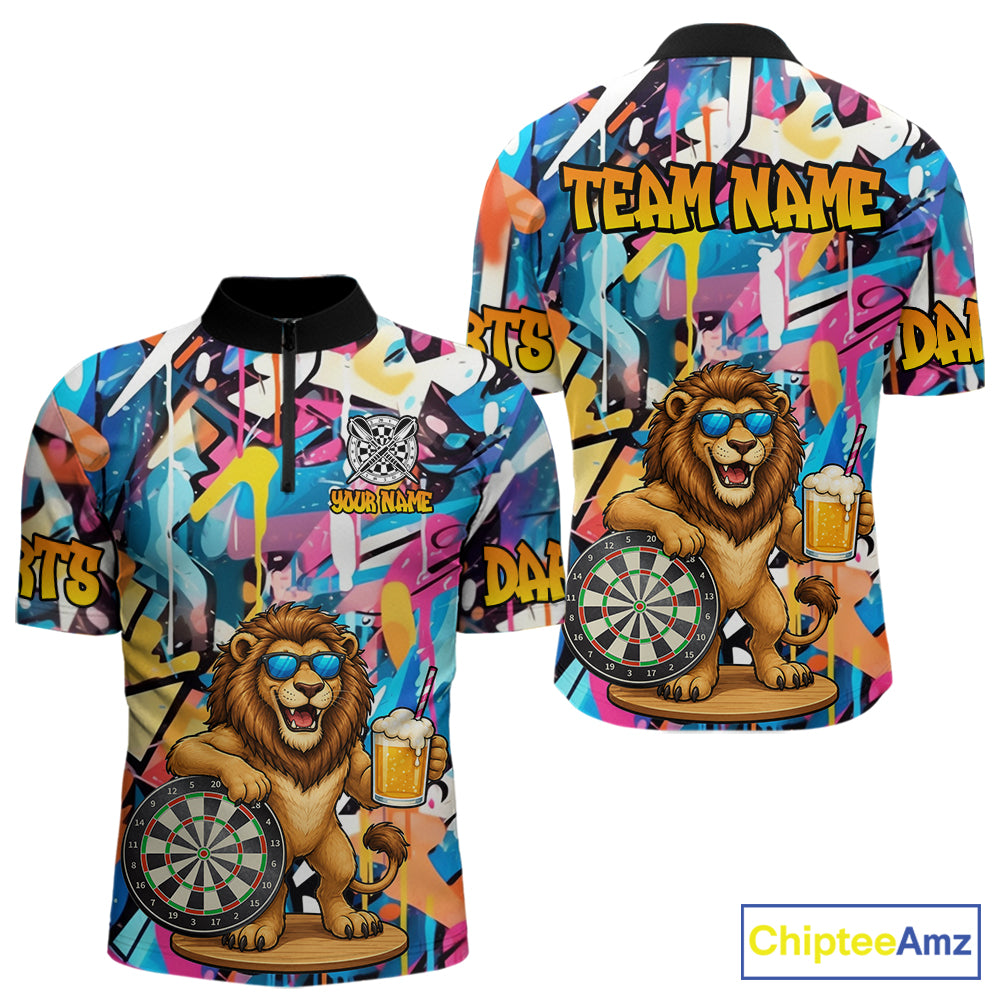 Funny Lion Colorful Graffiti Darts Shirt For Men Custom Darts Team Jersey Polo, Quarter Zip Shirt TDM7285