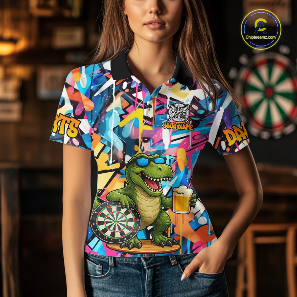Funny Dinosaur Colorful Graffiti Darts Shirt For Women Custom Darts Team Jersey Polo, 1/4 Zip Shirt TDM7286