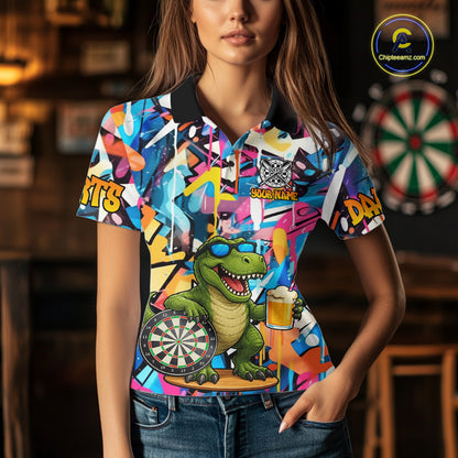 Funny Dinosaur Colorful Graffiti Darts Shirt For Women Custom Darts Team Jersey Polo, 1/4 Zip Shirt TDM7286