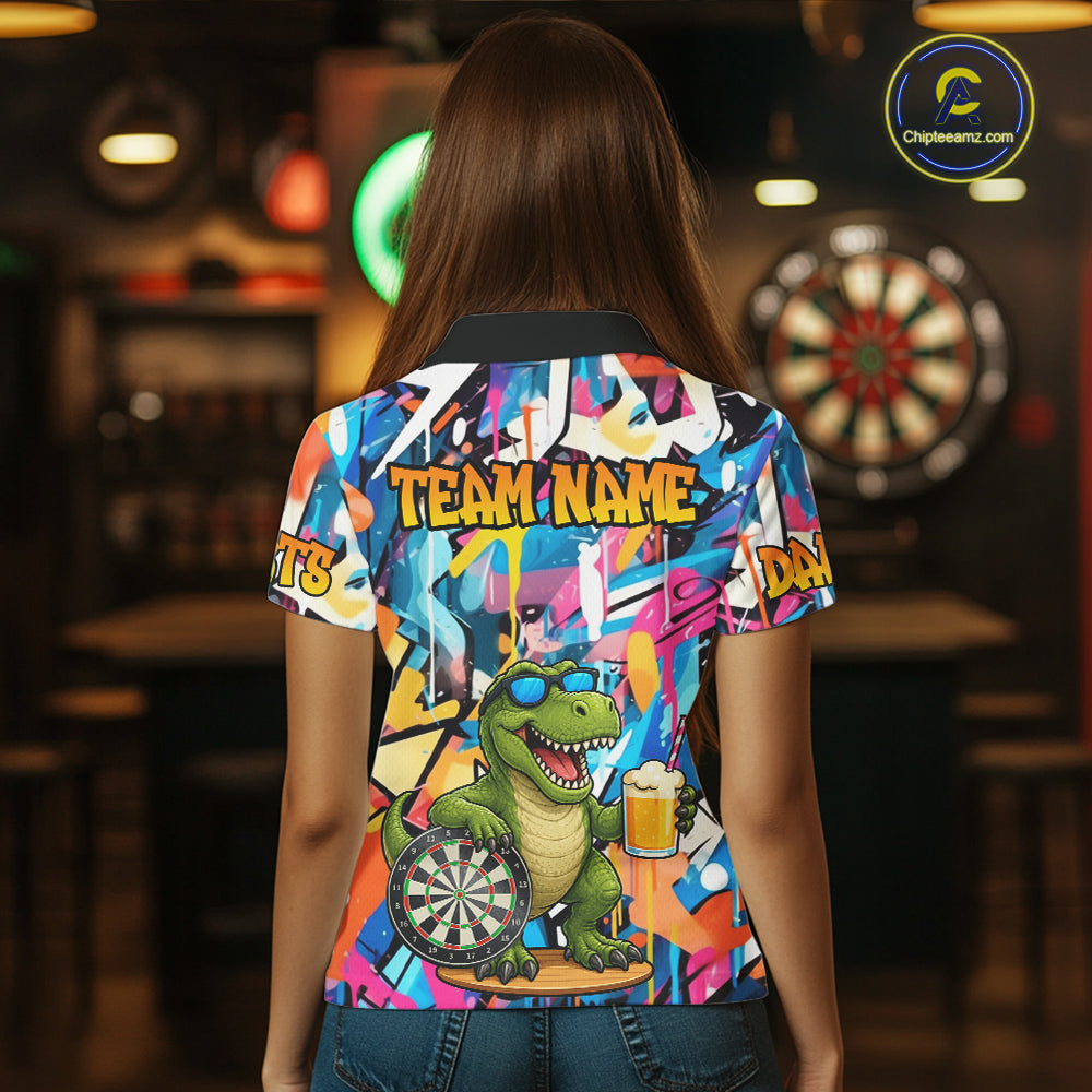 Funny Dinosaur Colorful Graffiti Darts Shirt For Women Custom Darts Team Jersey Polo, 1/4 Zip Shirt TDM7286