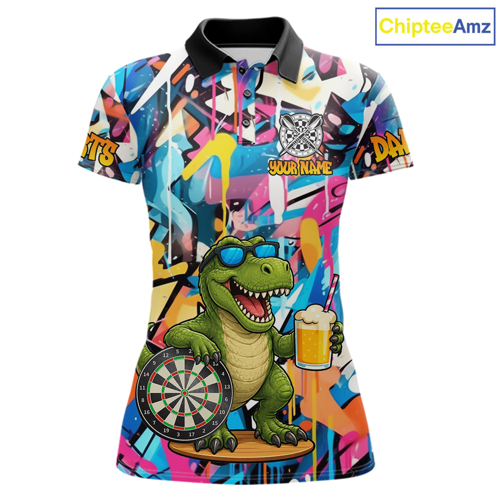 Funny Dinosaur Colorful Graffiti Darts Shirt For Women Custom Darts Team Jersey Polo, 1/4 Zip Shirt TDM7286