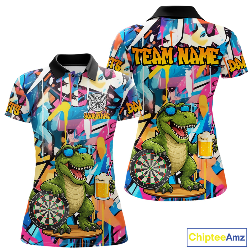 Funny Dinosaur Colorful Graffiti Darts Shirt For Women Custom Darts Team Jersey Polo, 1/4 Zip Shirt TDM7286