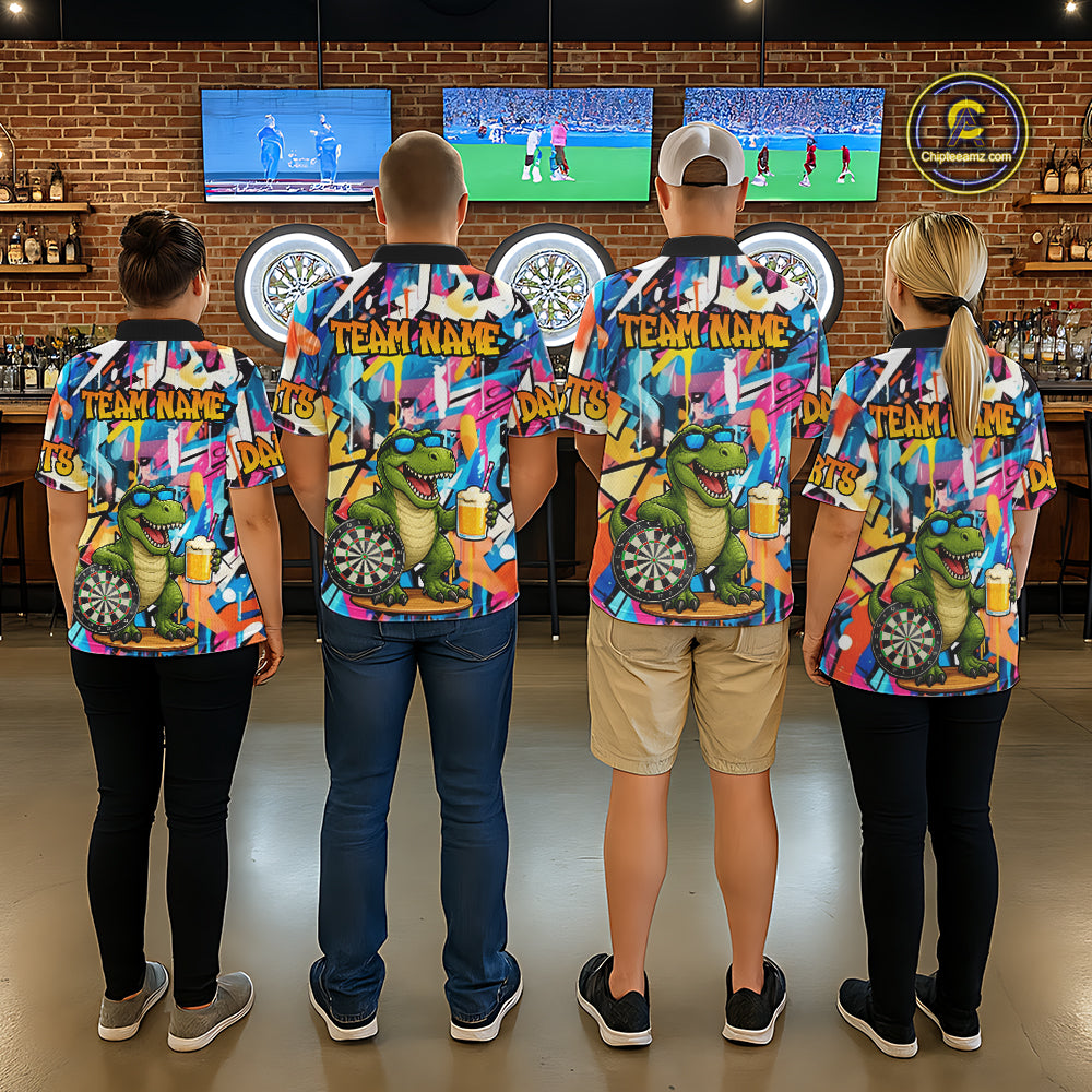 Funny Dinosaur Colorful Graffiti Darts Shirt For Men Custom Darts Team Jersey Polo, 1/4 Zip Shirt TDM7286