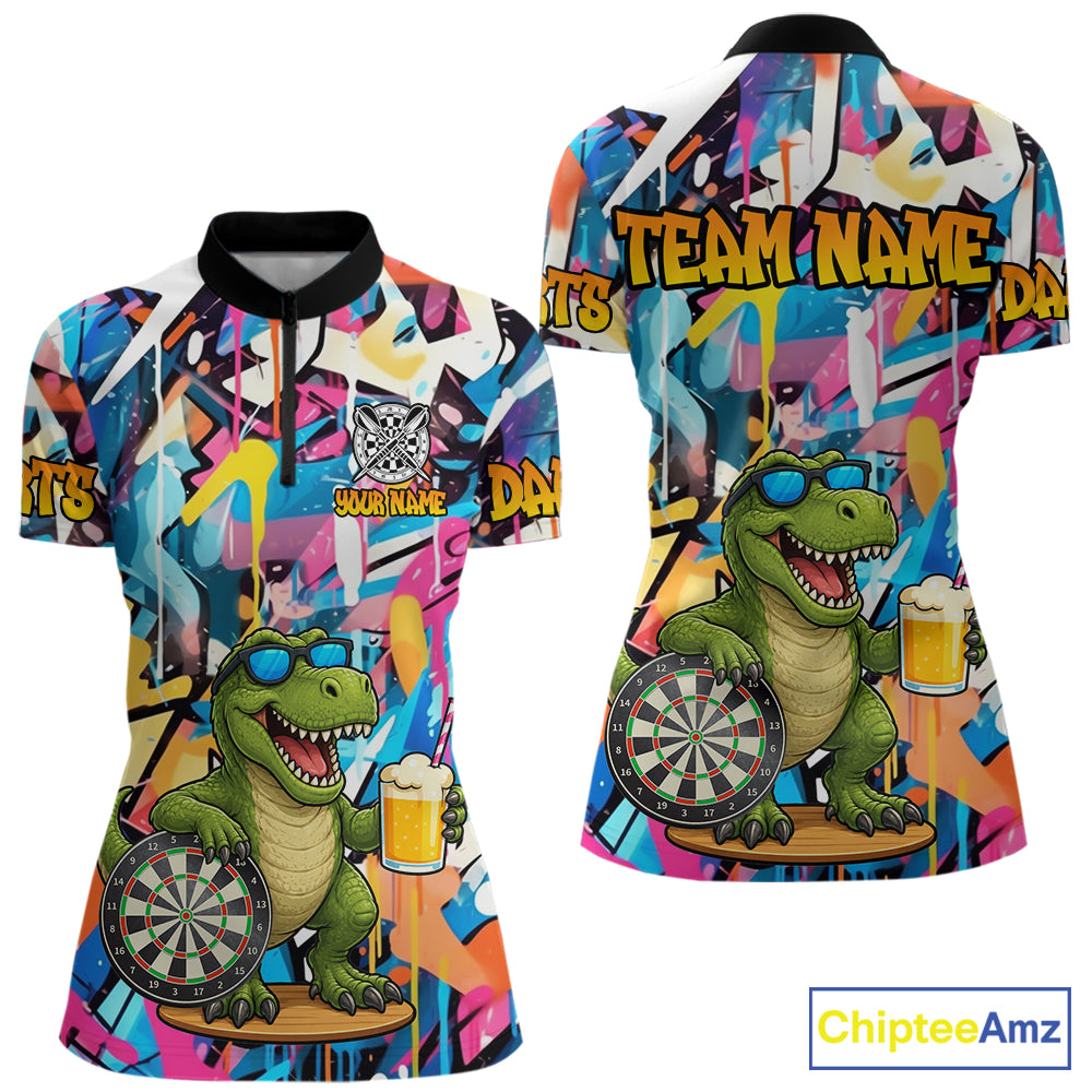 Funny Dinosaur Colorful Graffiti Darts Shirt For Women Custom Darts Team Jersey Polo, 1/4 Zip Shirt TDM7286