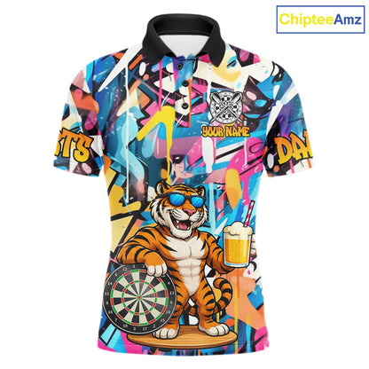 Funny Tiger Colorful Graffiti Darts Shirt For Men Custom Darts Team Jersey Polo, Quarter Zip Shirt TDM7287