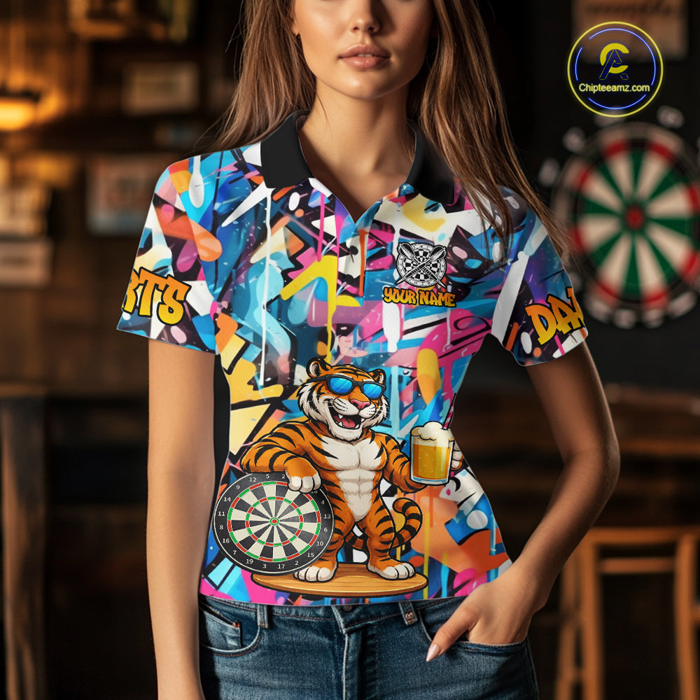 Funny Tiger Colorful Graffiti Darts Shirt For Women Custom Darts Team Jersey Polo, Quarter Zip Shirt TDM7287