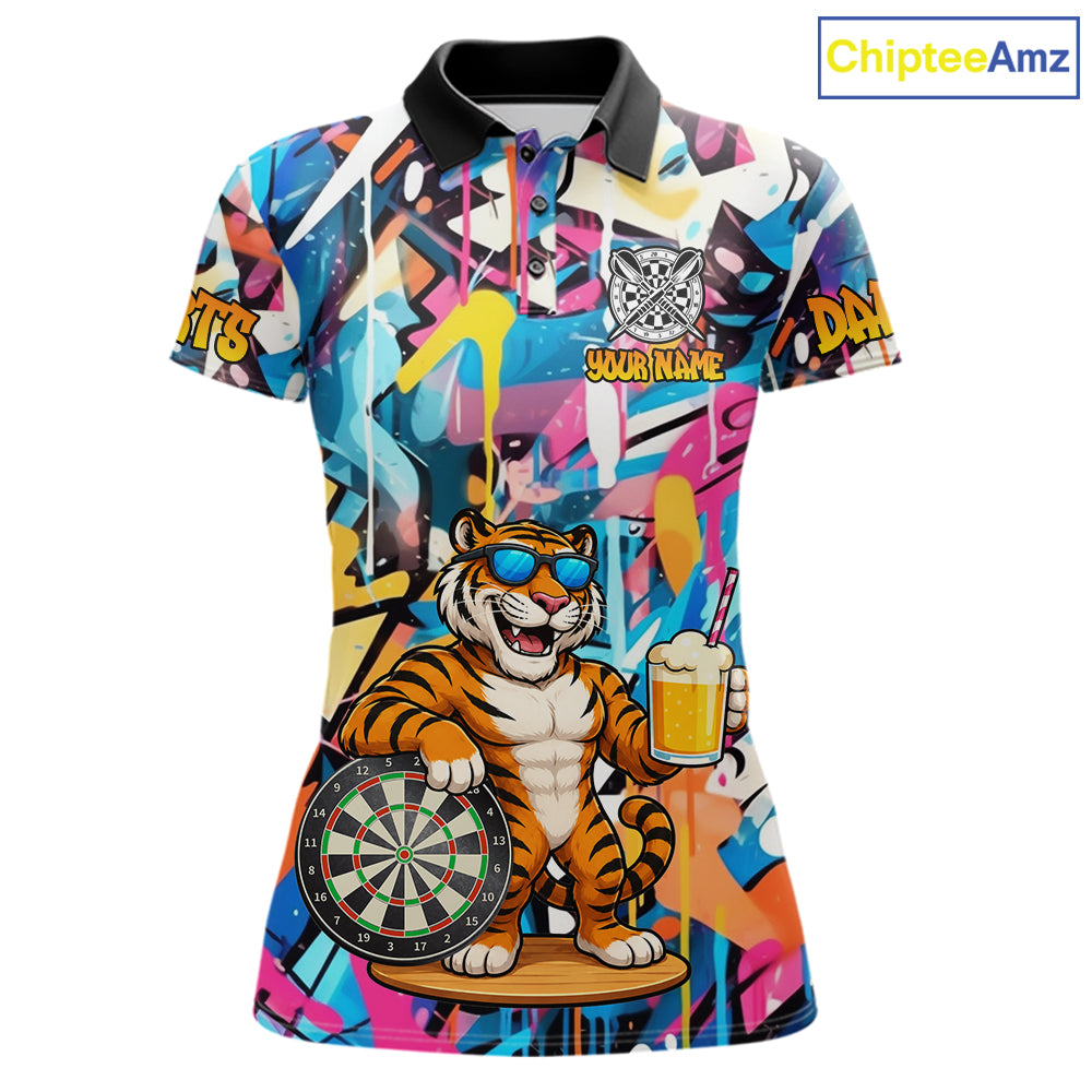 Funny Tiger Colorful Graffiti Darts Shirt For Women Custom Darts Team Jersey Polo, Quarter Zip Shirt TDM7287
