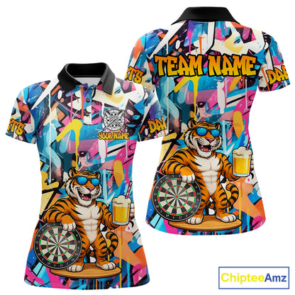 Funny Tiger Colorful Graffiti Darts Shirt For Women Custom Darts Team Jersey Polo, Quarter Zip Shirt TDM7287